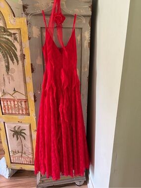 AKIRA Red Lace Ruffle Maxi Dress